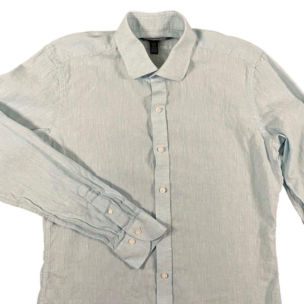 Buttoned Down Slim Fit Men's Button Down Shirt Size M (34/35) Linen Blend Blue